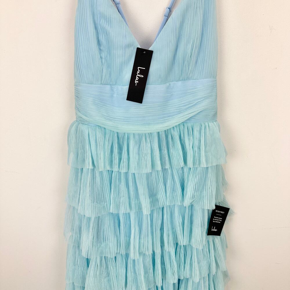 Lulus Radiant Event Light Blue Mesh Tiered Pleated Backless Maxi Dress Large NWT - Picture 11 of 11